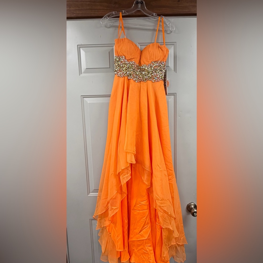 Orange Beaded Waist High-Low Chiffon Prom Dress